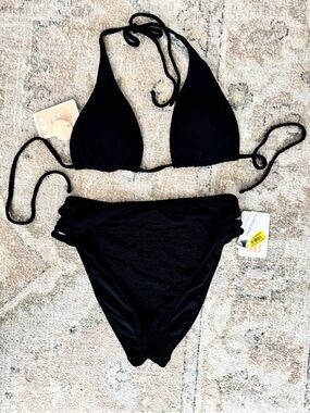 Gianni Bini Black Textured Bikini Bottom with Side Cutouts